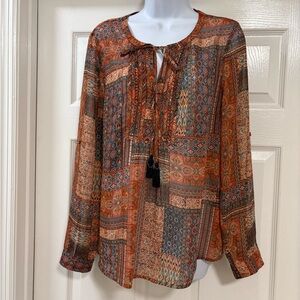 Daniel Rainn sheer patchwork boho blouse, photos don’t capture the gold shimmer